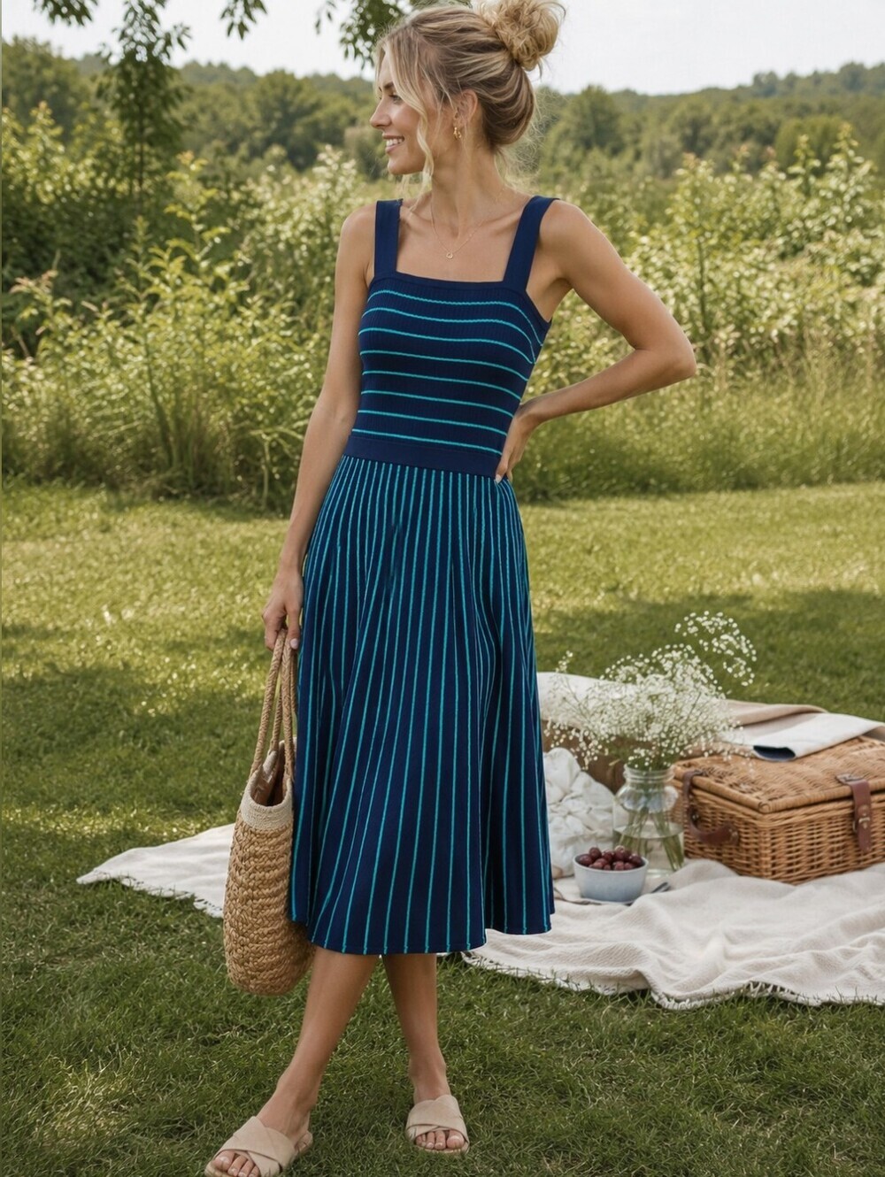 Banana Republic Striped Knit Midi Dress Navy Blue Green Square Neck L Tall